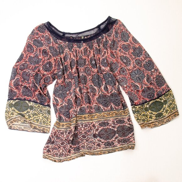 Plenty by Tracy Reese Boho Sheer Blouse Women’s S Gauze Batik Print Crochet Trim - Picture 10 of 13